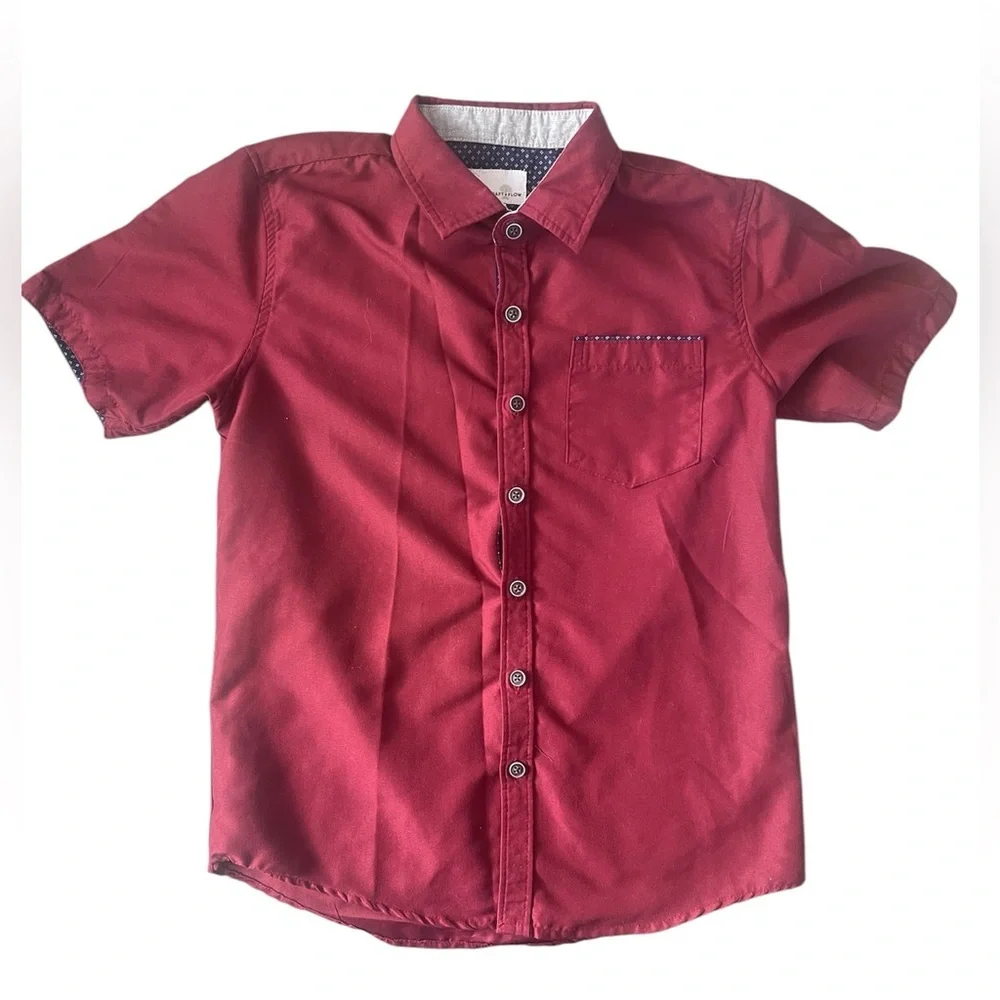 Craft + Flow Boys Dark Red Short Sleeve Button Down Shirt | 10-12